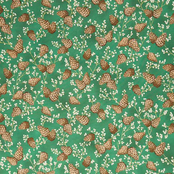 Holiday Flourish - Forest Glen Tossed Pinecones Berry Sprigs Grass Metallic Yardage