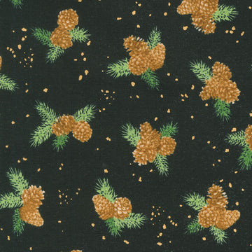 Holiday Flourish - Forest Glen Pinecones Pine Sprig Laurels Black Metallic Yardage