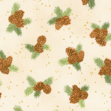 Holiday Flourish - Forest Glen Pinecones Pine Sprig Laurels Cream Metallic Yardage