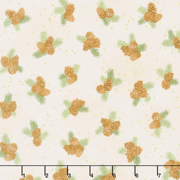 Holiday Flourish - Forest Glen Pinecones Pine Sprig Laurels Cream Metallic Yardage