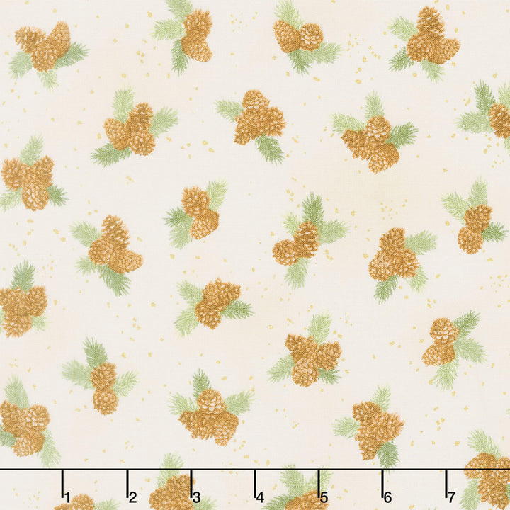 Holiday Flourish - Forest Glen Pinecones Pine Sprig Laurels Cream Metallic Yardage
