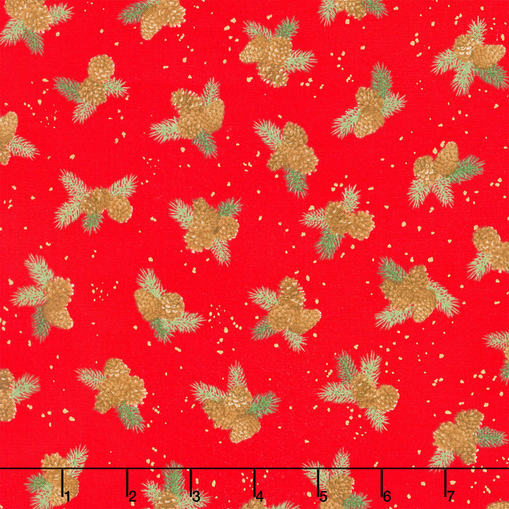 Holiday Flourish - Forest Glen Pinecones Pine Sprig Laurels Crimson Metallic Yardage