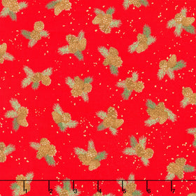 Holiday Flourish - Forest Glen Pinecones Pine Sprig Laurels Crimson Metallic Yardage