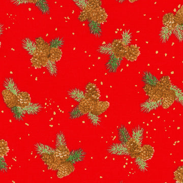 Holiday Flourish - Forest Glen Pinecones Pine Sprig Laurels Crimson Metallic Yardage