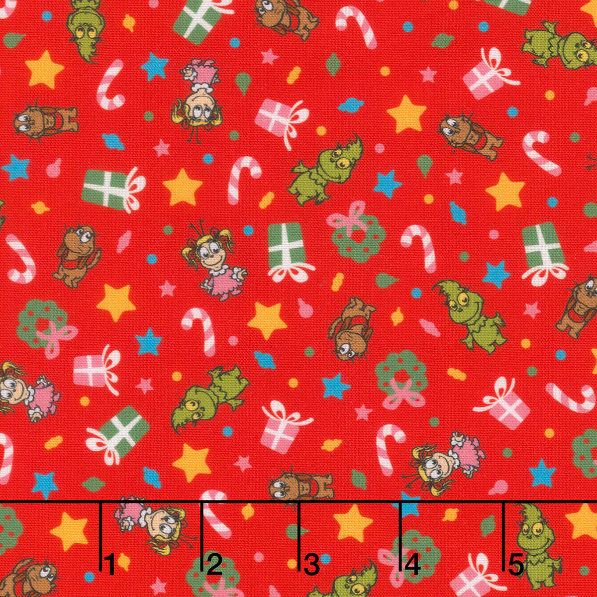 Little Grinch - Tossed Christmas Motifs Grinch Max Cindy Lou Red Yardage