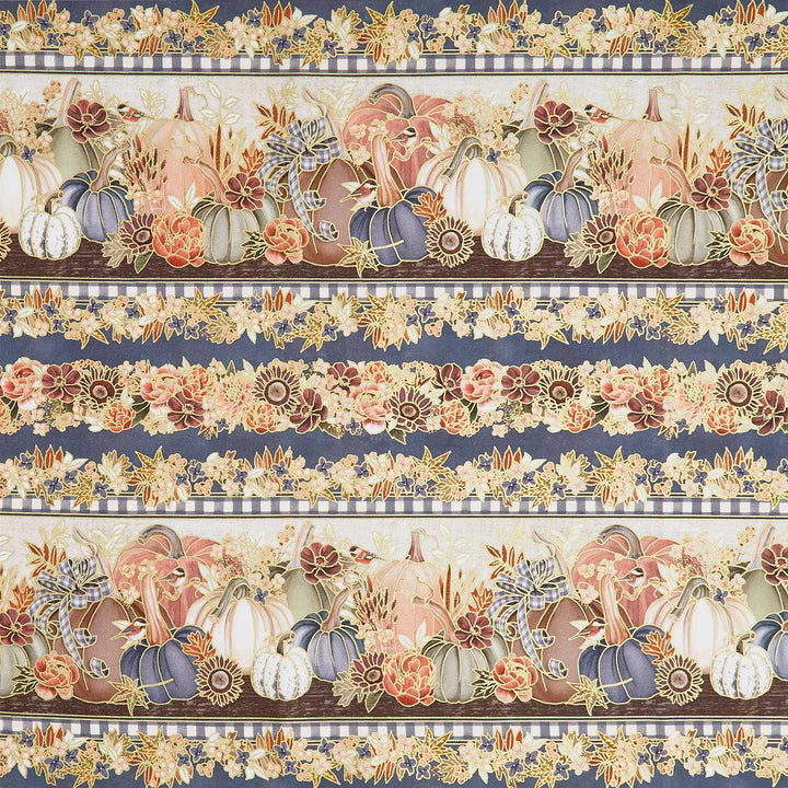 Hello Fall - Border Stripe, Florals, Pumpkins Denim Metallic Yardage