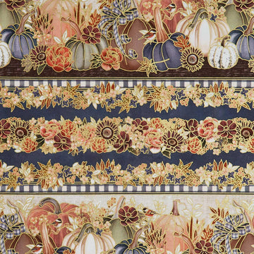 Hello Fall - Border Stripe, Florals, Pumpkins Denim Metallic Yardage