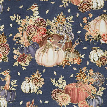 Hello Fall - Pumpkins, Birds, Florals Denim Metallic Yardage