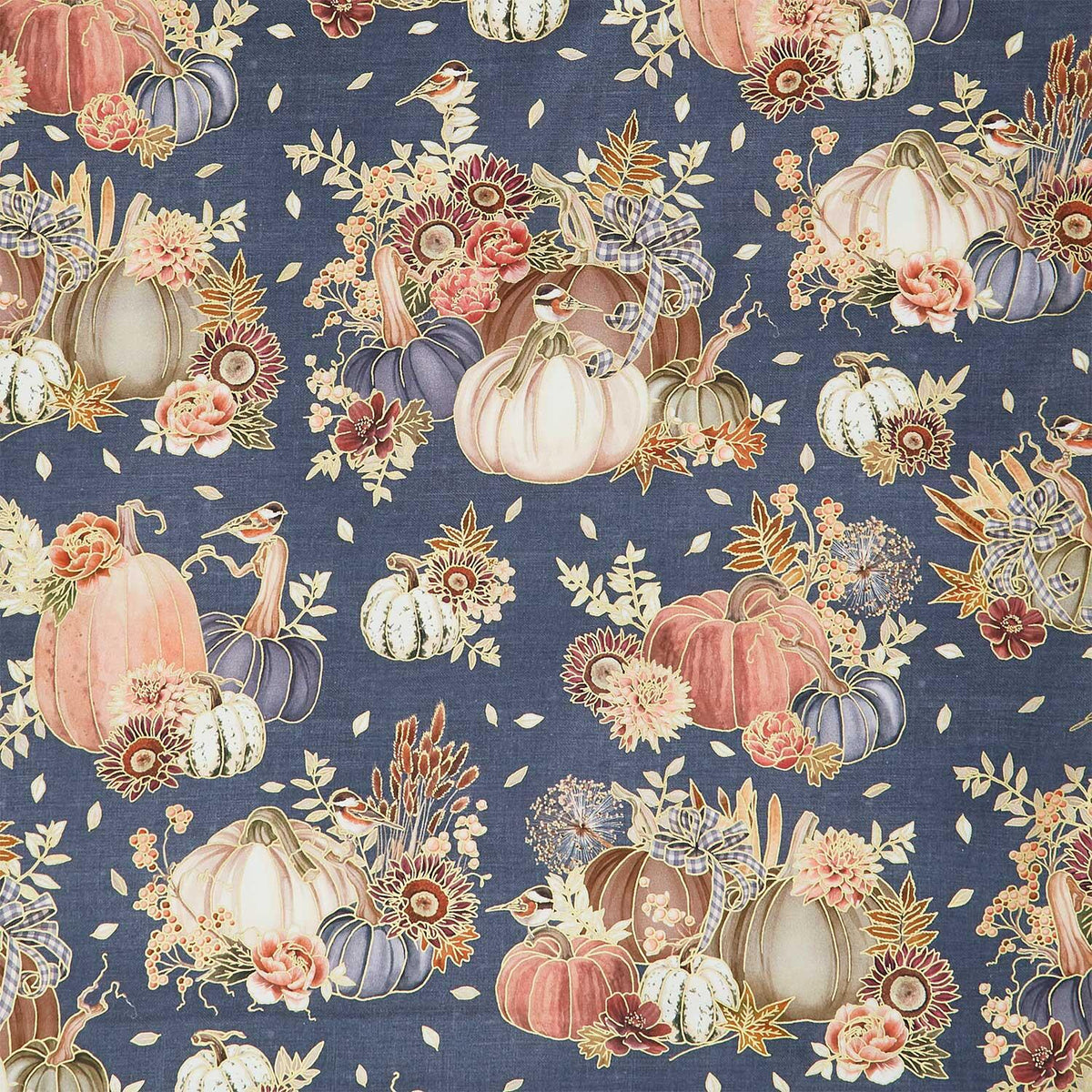 Hello Fall - Pumpkins, Birds, Florals Denim Metallic Yardage