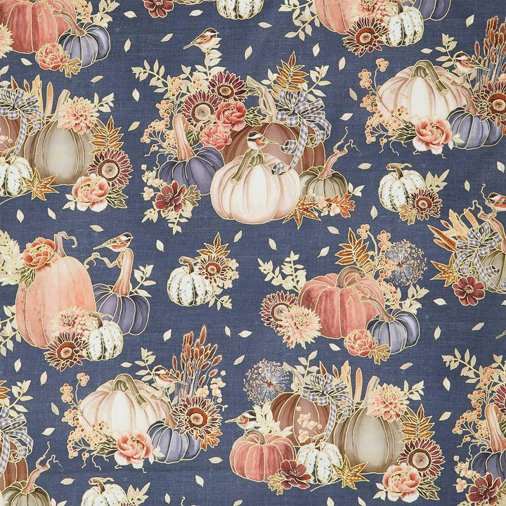 Hello Fall - Pumpkins, Birds, Florals Denim Metallic Yardage