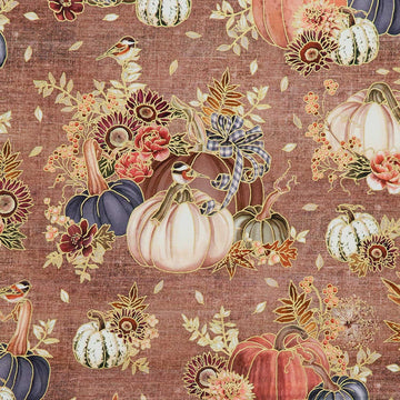 Hello Fall - Pumpkins, Birds, Florals Hazelnut Metallic Yardage