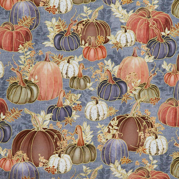 Hello Fall - Pumpkins, Fall Leaves Dusty Blue Metallic Yardage