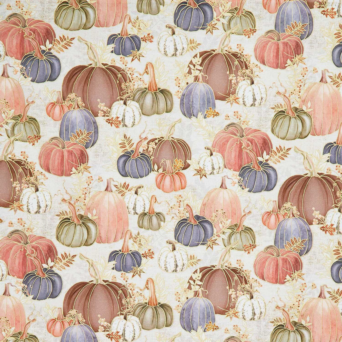 Hello Fall - Pumpkins, Fall Leaves Linen Metallic Yardage