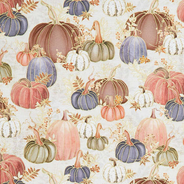 Hello Fall - Pumpkins, Fall Leaves Linen Metallic Yardage