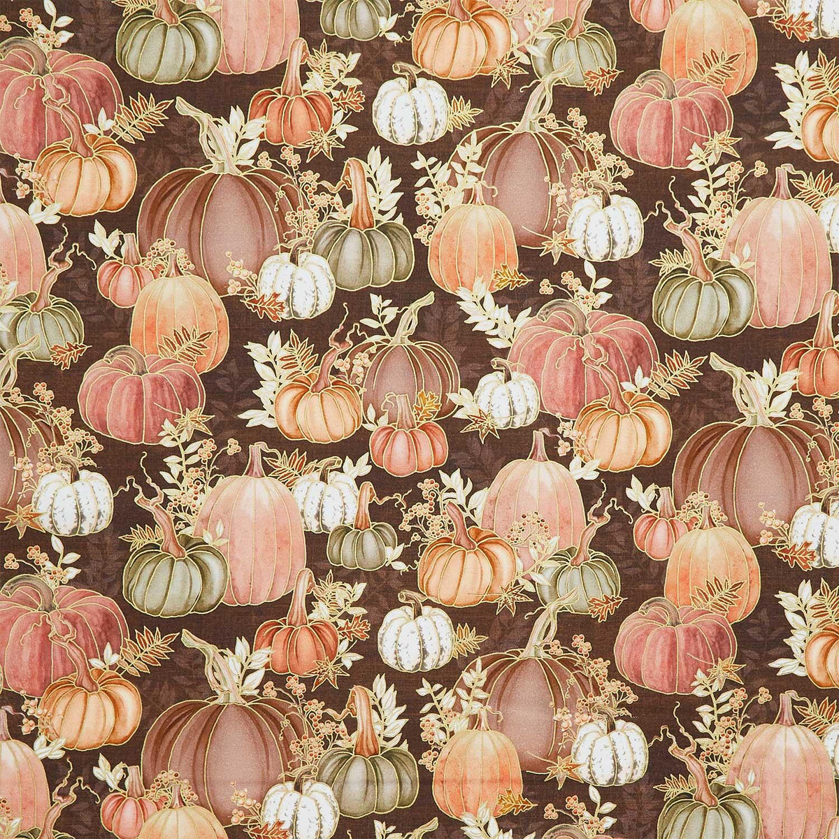 Hello Fall - Pumpkins, Fall Leaves Chestnut Metallic Yardage