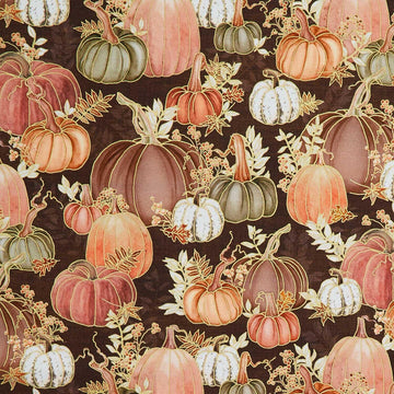 Hello Fall - Pumpkins, Fall Leaves Chestnut Metallic Yardage