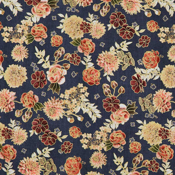 Hello Fall - Tossed Florals Denim Metallic Yardage
