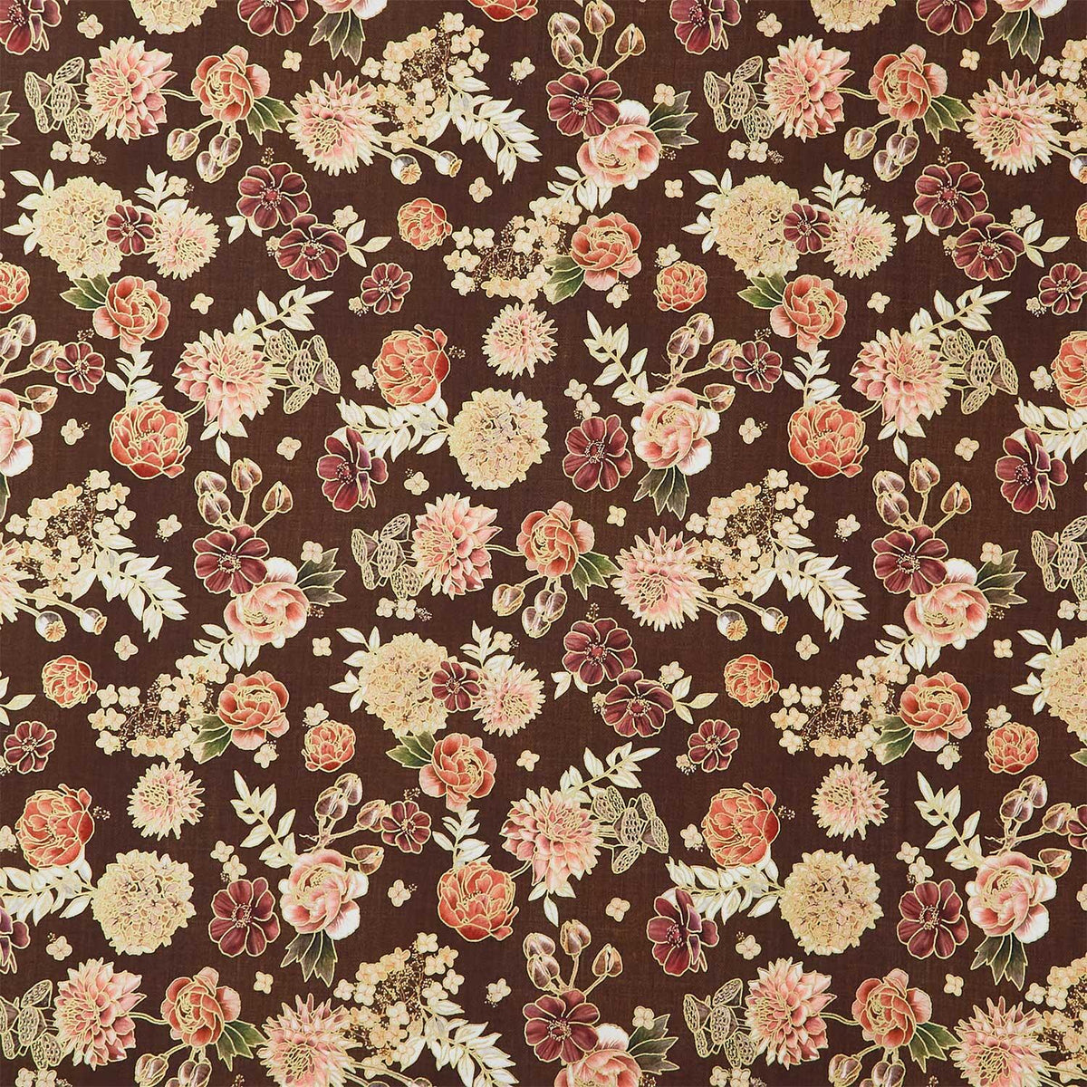 Hello Fall - Tossed Florals Chestnut Metallic Yardage