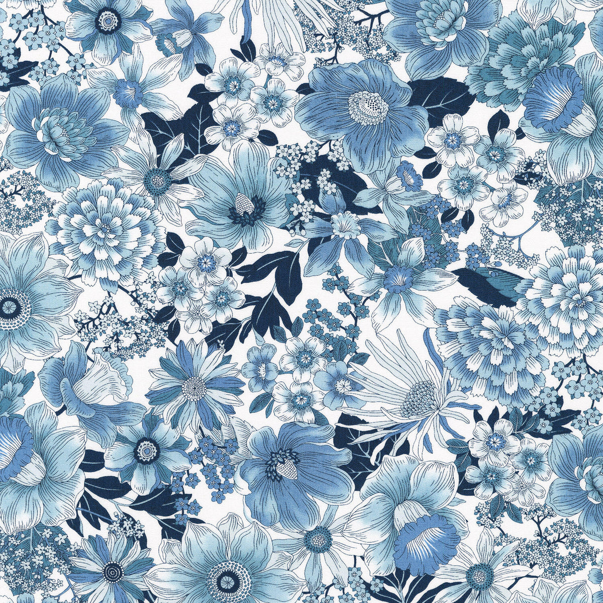 Vintage Petals & Paisleys - Florals Blue Yardage