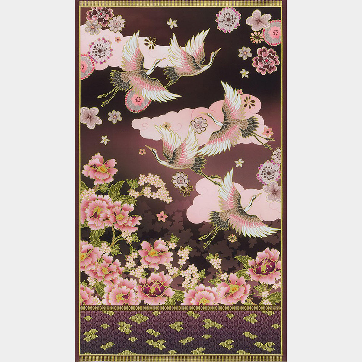 Imperial Collections - Graceful Cranes Cranes and Florals Plum Metallic Panel