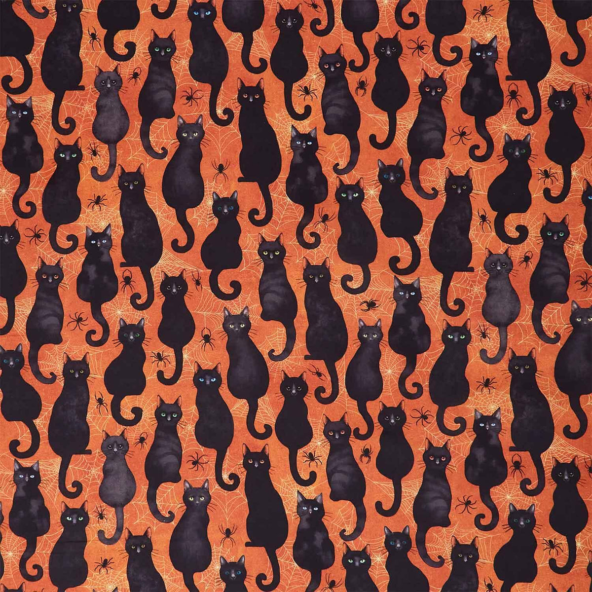 Scaredy Cats - Black Cats & Spiders Orange Digitally Printed Yardage