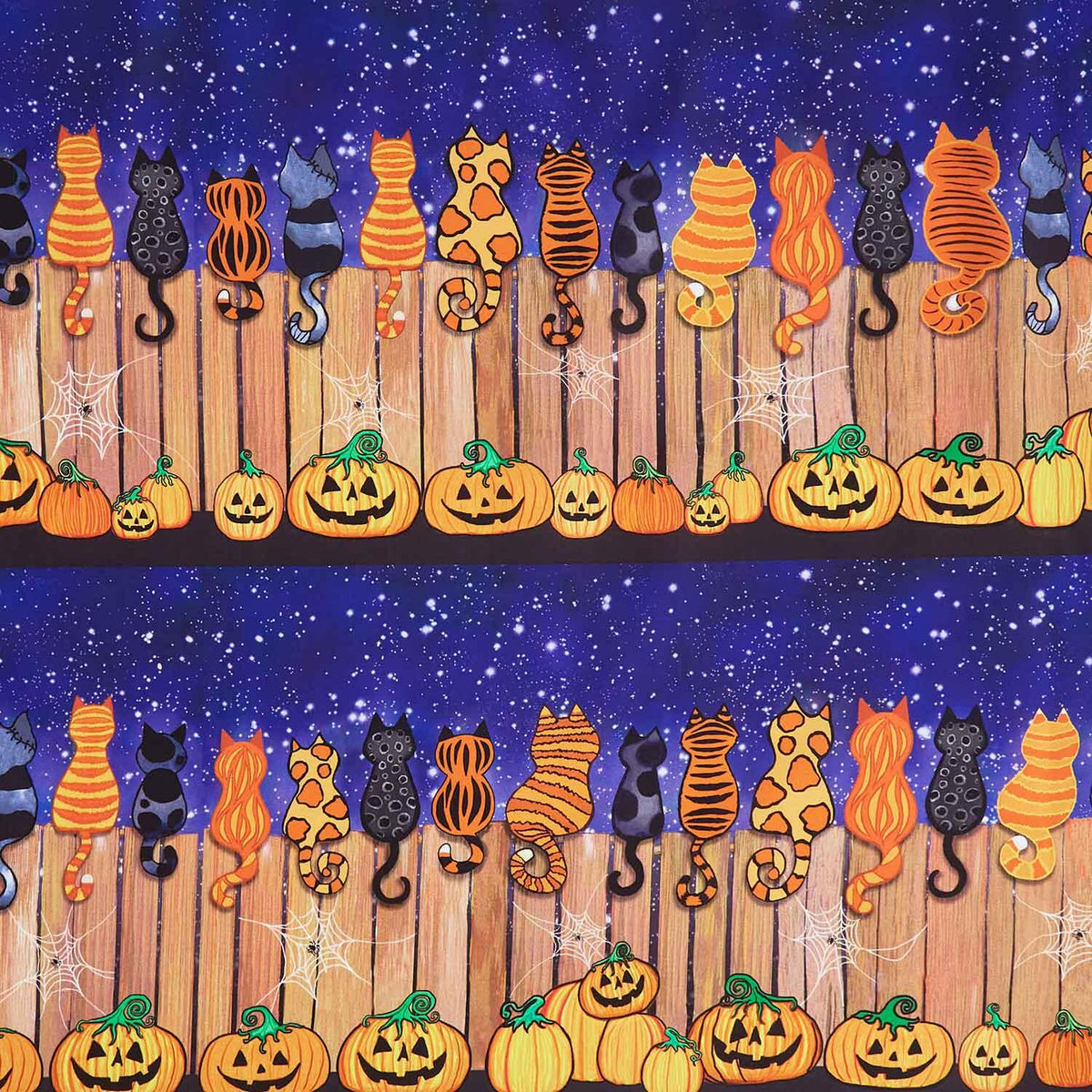 Scaredy Cats - Feline Spooky Cats On Fence Spooky Digitally Printed Yardage