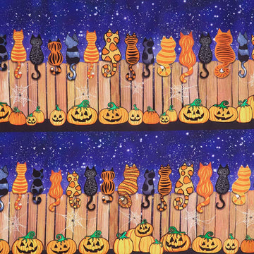 Scaredy Cats - Feline Spooky Cats On Fence Spooky Digitally Printed Yardage