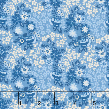 Stripes and Stars - Rose Floral Blue Tonal Yardage