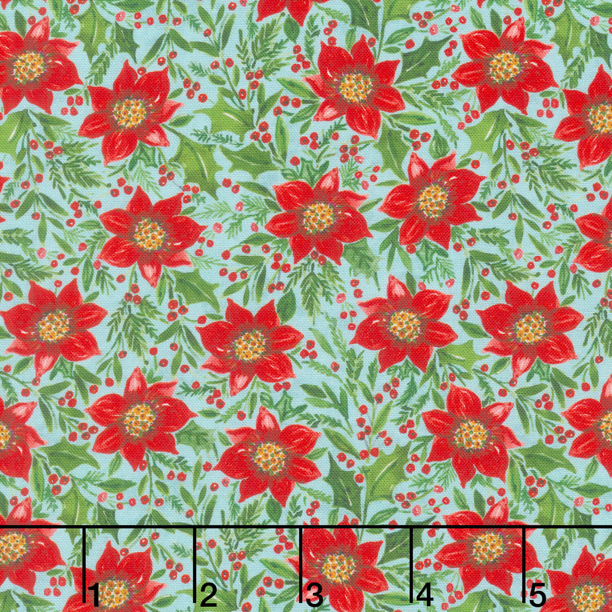 Snowy Greetings - Poinsettia and Holly Blue Yardage