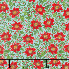 Snowy Greetings - Poinsettia and Holly Blue Yardage