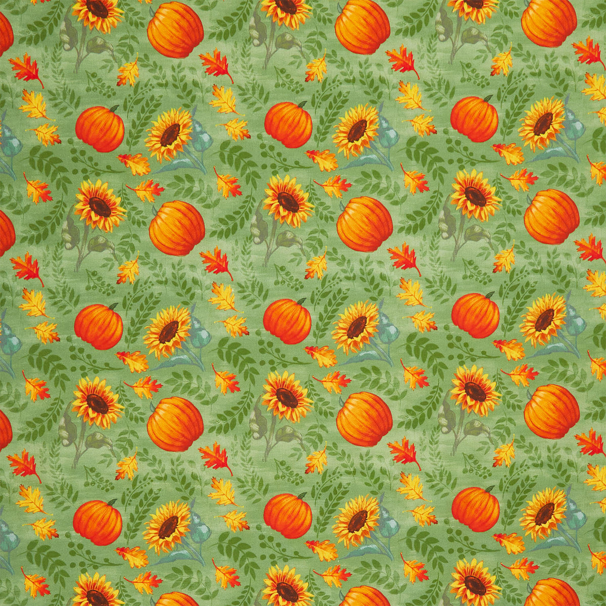 Harvest Delight - Sunflowers & Pumpkins Green Yardage