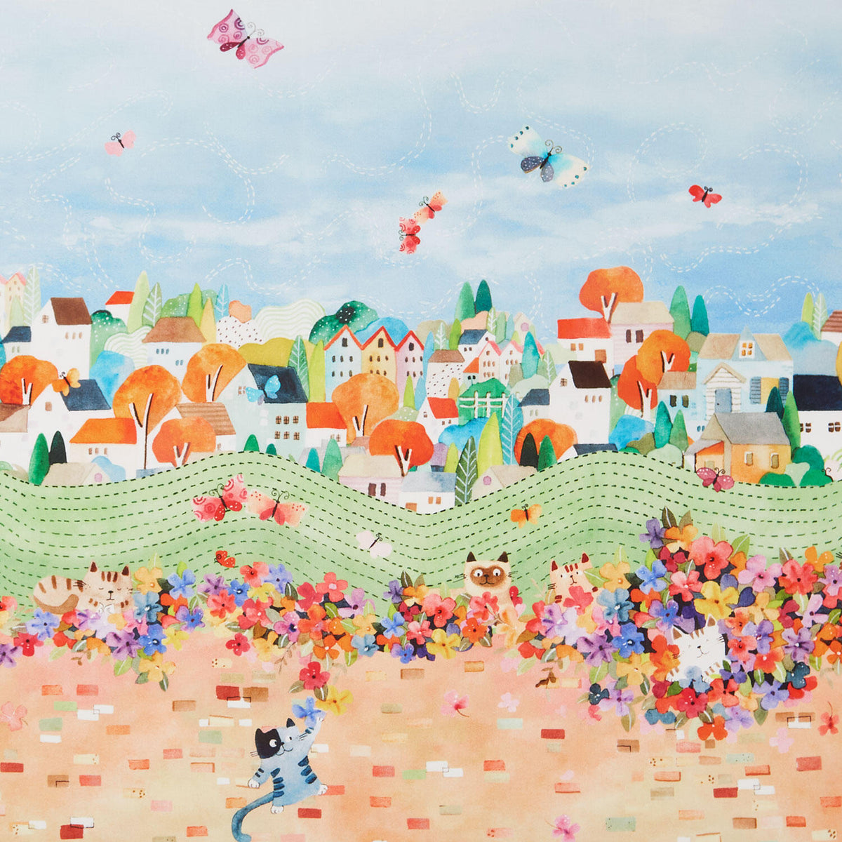 Cats Around Town - Neighborhood Cats Double Border Multi Yardage