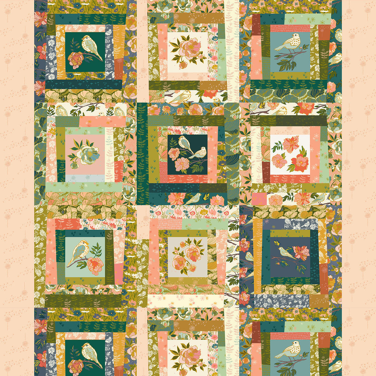 Lush Life - Birds Log Cabin Cheater Multi Yardage