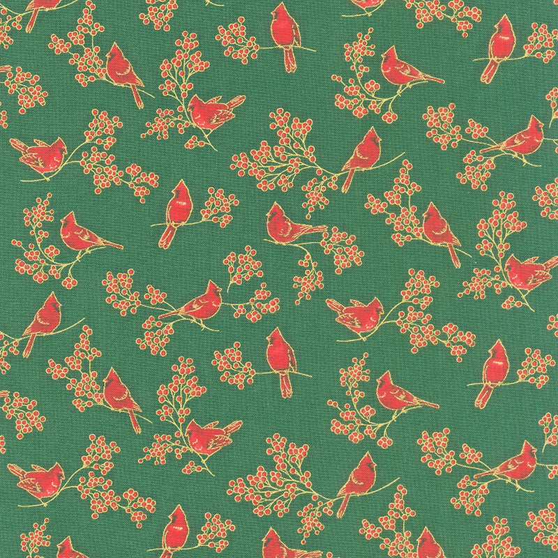 Holiday Charms - Birds Green Metallic Yardage Primary Image