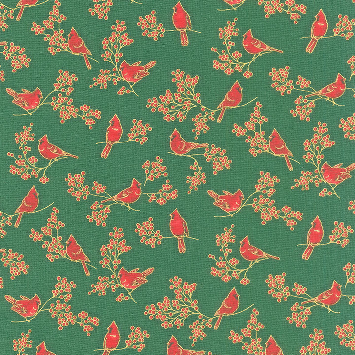 Holiday Charms - Birds Green Metallic Yardage Primary Image