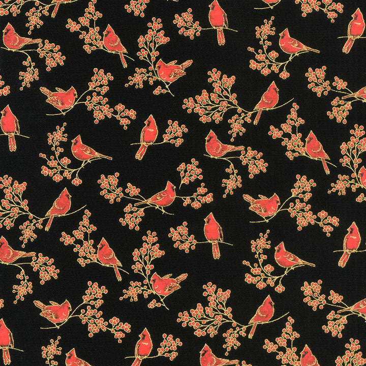 Holiday Charms - Birds Black Metallic Yardage Primary Image