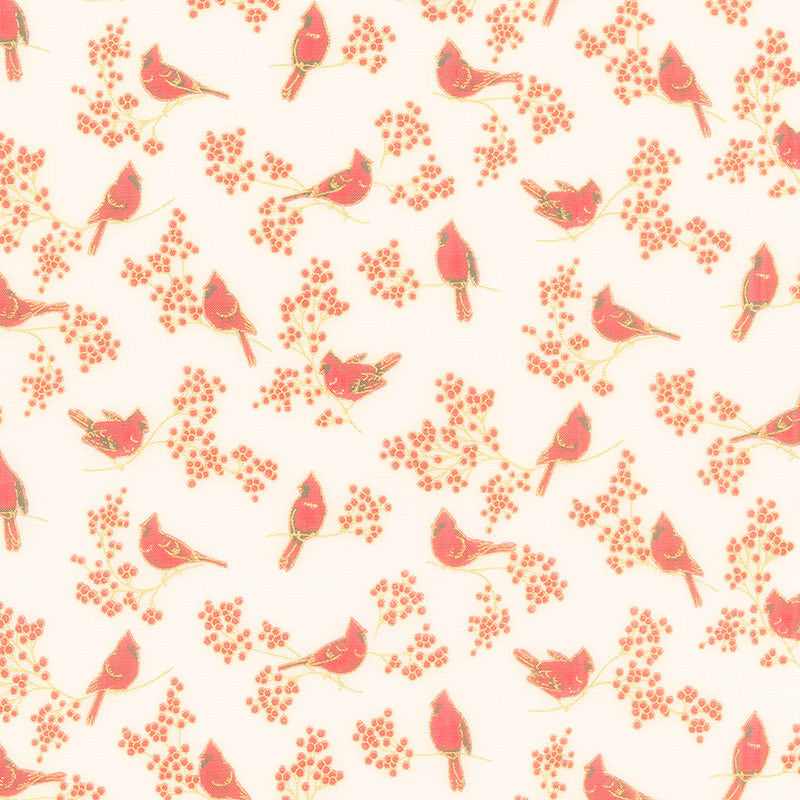 Holiday Charms - Birds Ivory Metallic Yardage Primary Image